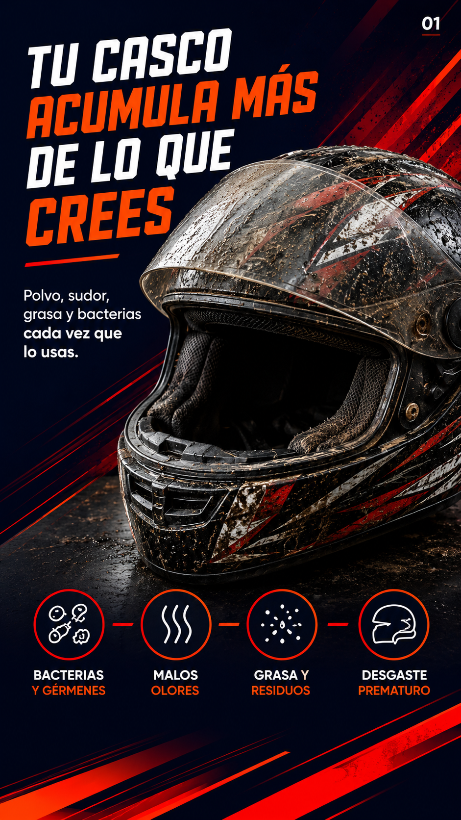 Casco sucio con bacterias y grasa acumulada